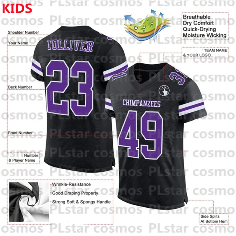 Custom Black Purple-White Mesh Authentic Football Jersey 3D Printed Kids Football Jersey Boys Tops Girl Tees