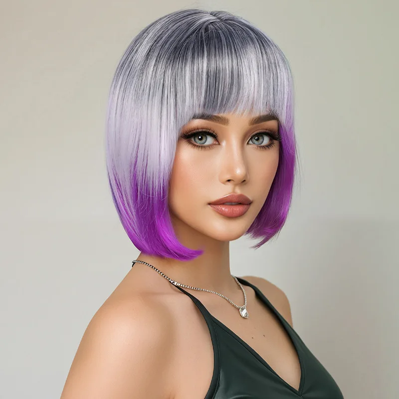 Perruque européenne et américaine cheveux courts raides couleur Anime perruque ensemble avec Bang Bob coiffure dégradé cheveux courts bandeau synthétique