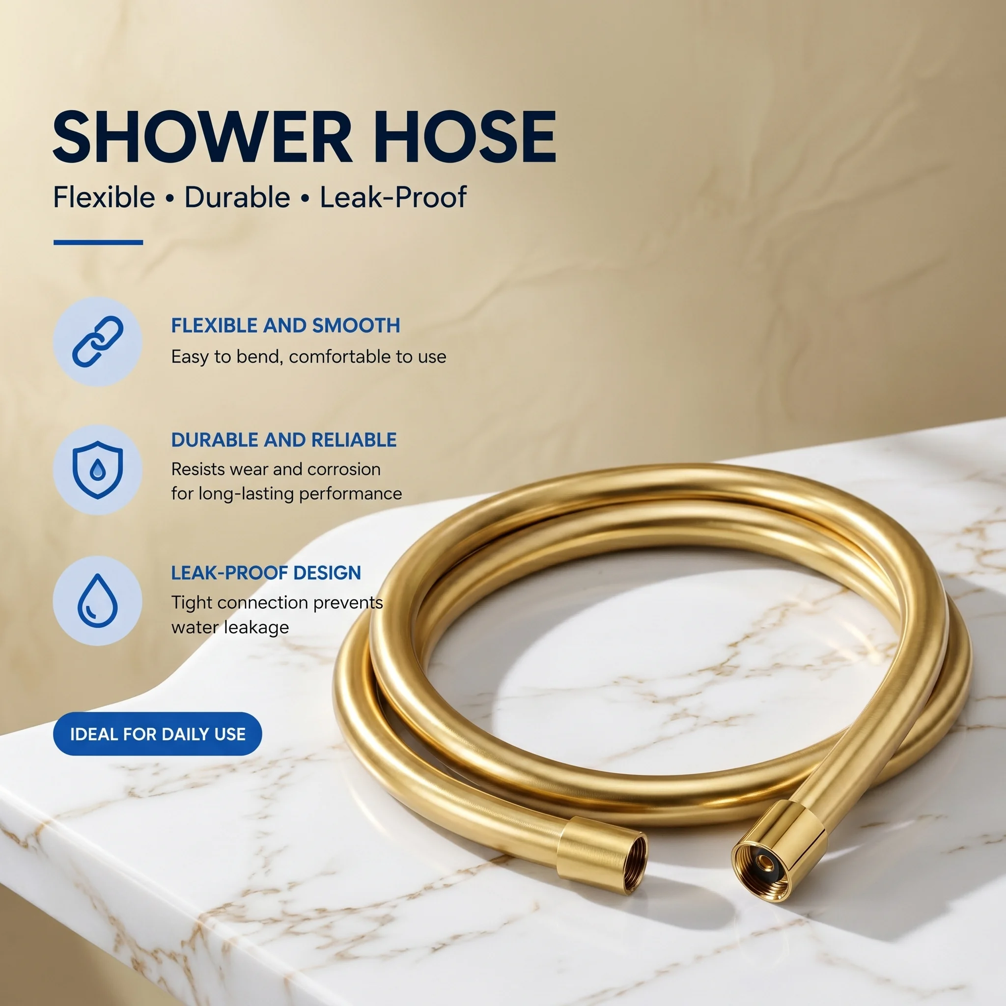 Sunset Gold Smooth PVC Shower Hose 1.5M G1/2 Universal Flexible Bath Pipe 360° Anti-Tangle High Pressure Tube image 6