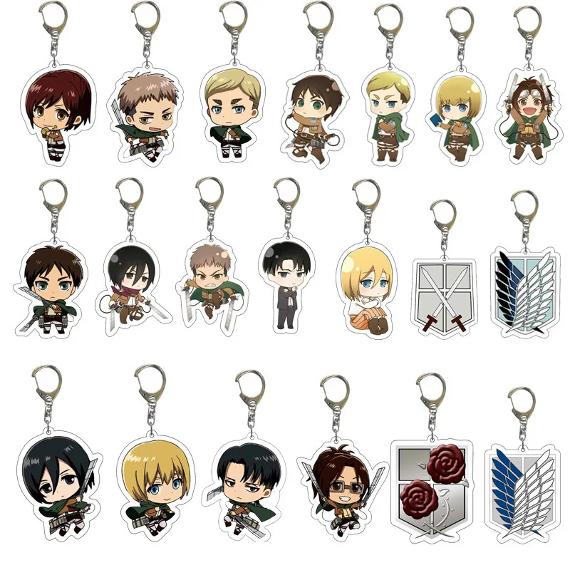 10 pçs/lote Anime Attack on Titan Eren Mikasa Armin Levi Emblema Acrílico Figura Chaveiro Estatueta Chaveiro Brinquedos Presente Atacado