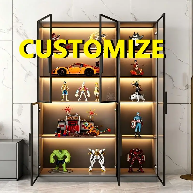 Any Size Custom Action Figure Display Cabinet Tempered Glass LED Light Large Capacity Aluminum Frame Home Collectible Showcase