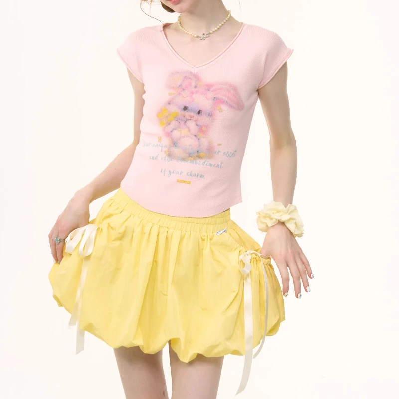 Summer American Retro Women's Clothing Original Design Bow High Waist Thin Yellow A-line Bud Skirt Half-length Short Skirts Girl
