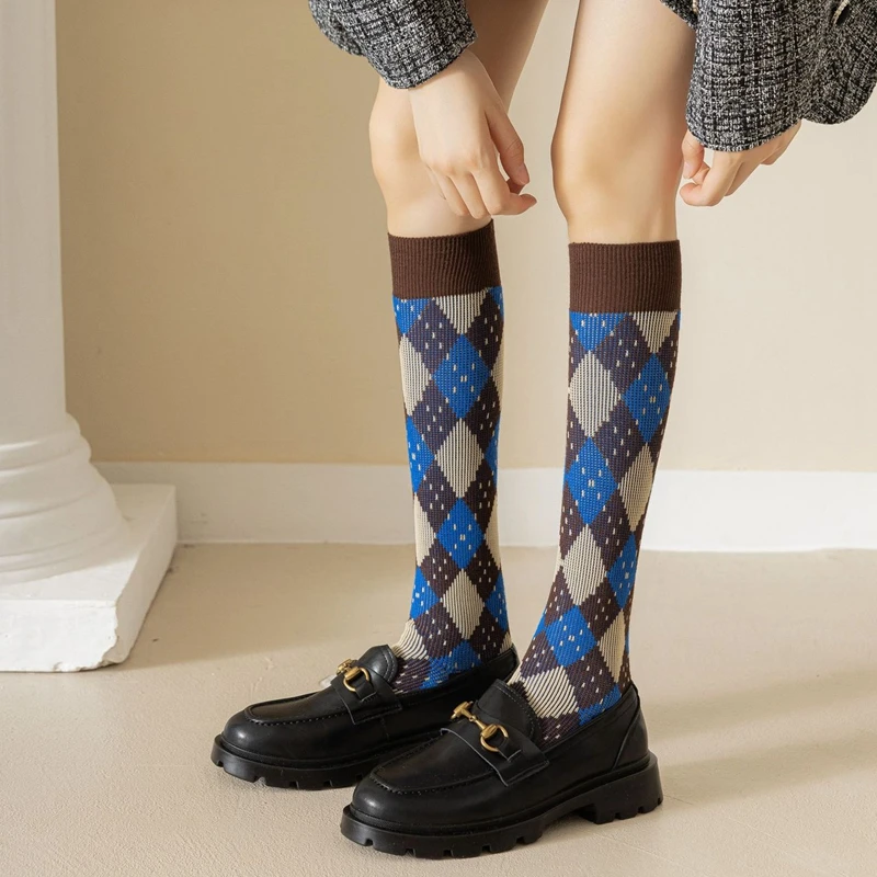 Colorful Spring Pattern  ins fashion Diamond plaid Knee socks women Party Queen knee-high stockings Over Knee long ladies girls