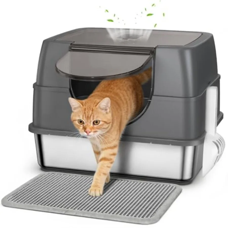 Stainless Steel Litter Box with Lid, Side Entry Large Enclosed Cat Litterbox for Kitty Multi-Cat, Flip Cover Easy to Clean, Hig
