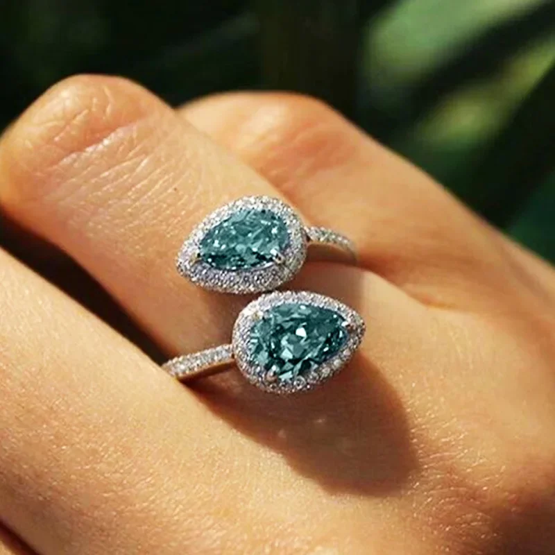 Classic Female Rings 925 Sterling Silver Water Droplet Blue Zircon Adjustable Rings for Women Promise Love Wedding Jewelry