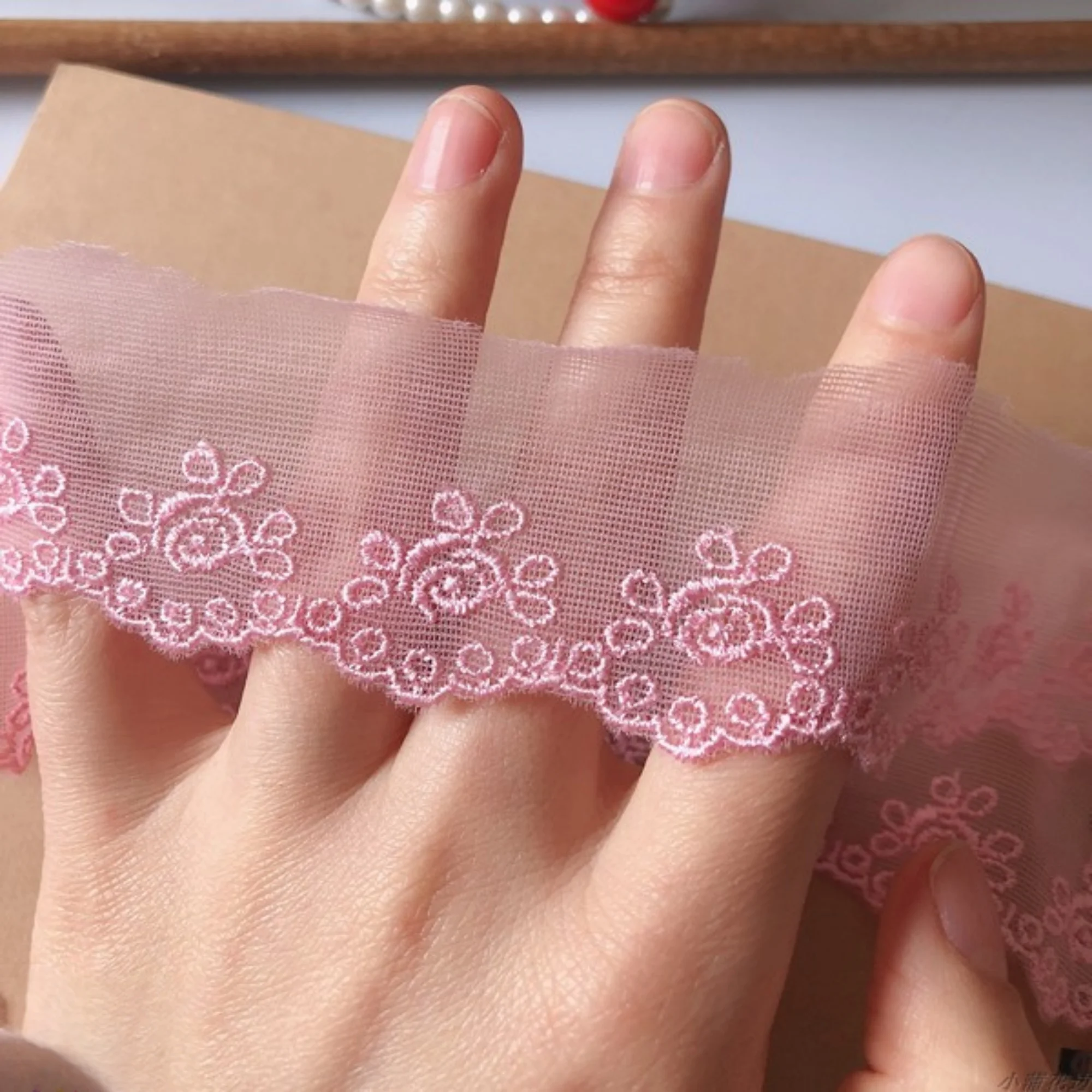 Larghezza 4 cm finiture in pizzo rosa, pizzo ricamato con fiori, finiture in pizzo floreale per velo da sposa, pizzo smerlato, pizzo per abito fai da te