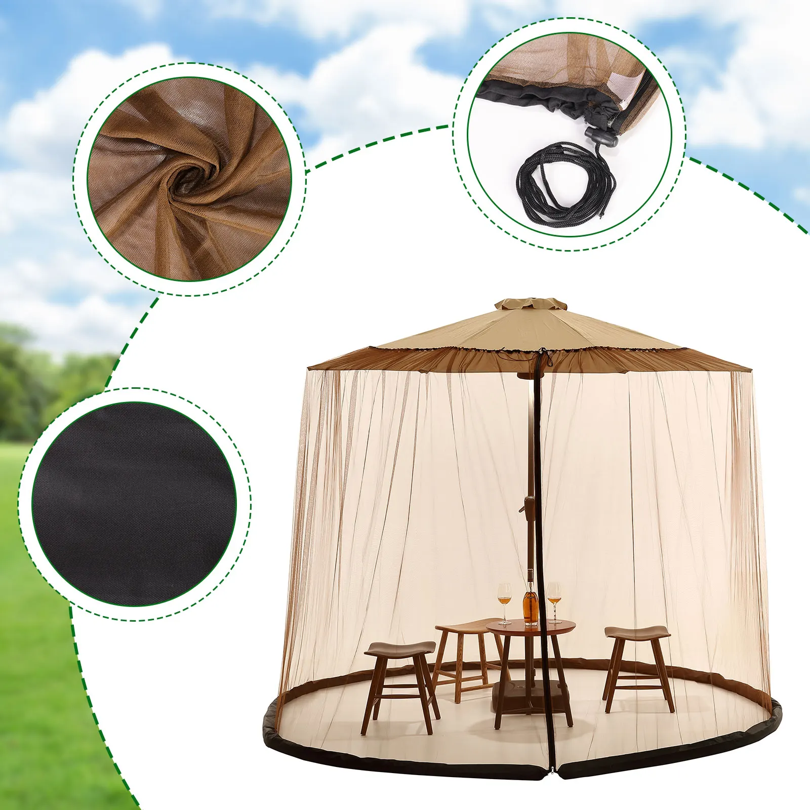 Umbrella Mosquito Netting for Outdoor Garden Patio Umbrellas Adjustable Rope Polyester Sunshade Mosquito Net for Travel Tent