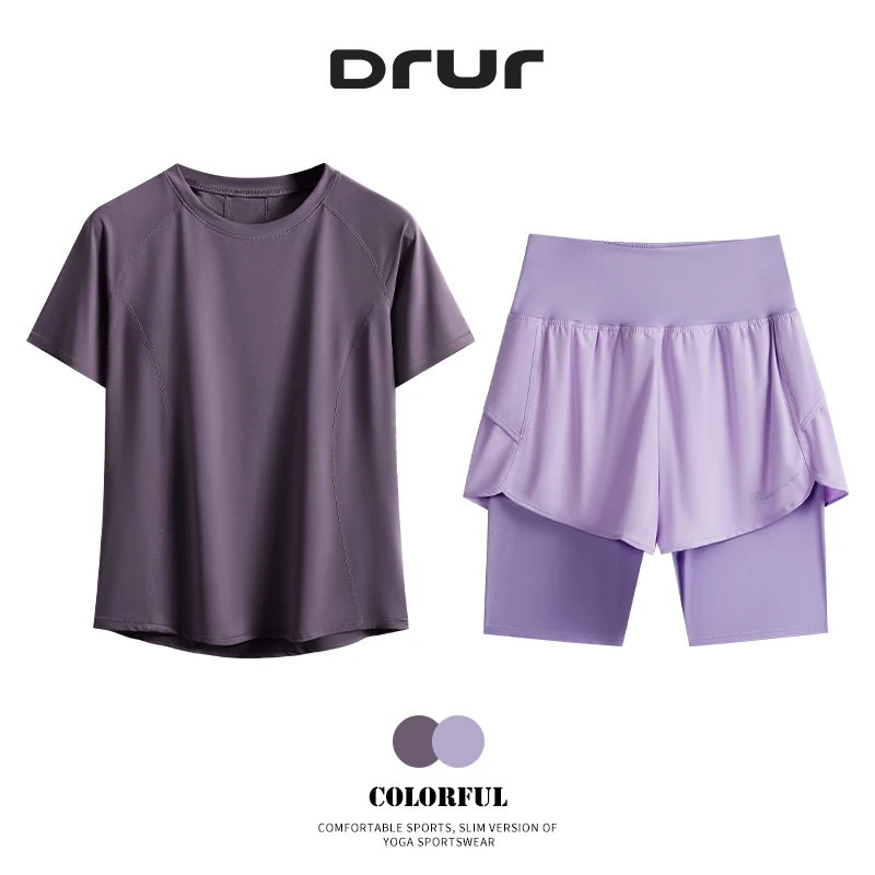 DRUR Women's Gym Fitness 2pc Yoga Set Mesh Back T-Shirt Ruffled Shorts Hidden Pocket Breathable Gym Running Pilates Sportswear