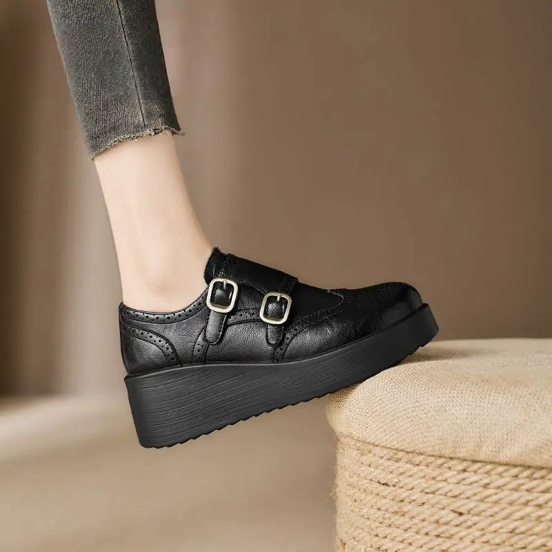 Damen-Loafer mit weicher Sohle für Mütter, Schnallenverschluss, tiefe Öffnung, Keilabsatz, dicke Plattform, Frühling-Herbst Freizeitschuhe