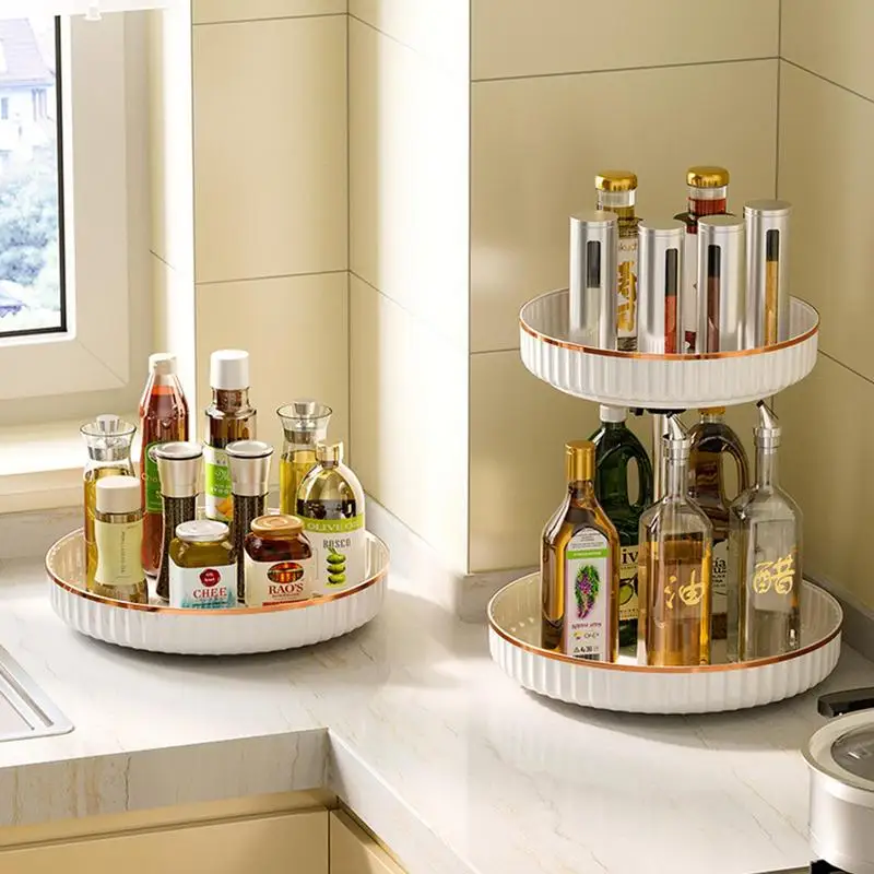 2 Tier Rotating Cabinet Organizer Kitchen Bathroom Cosmetic Turntable Storage Tray Non-Slip Spice Round Rack Plate