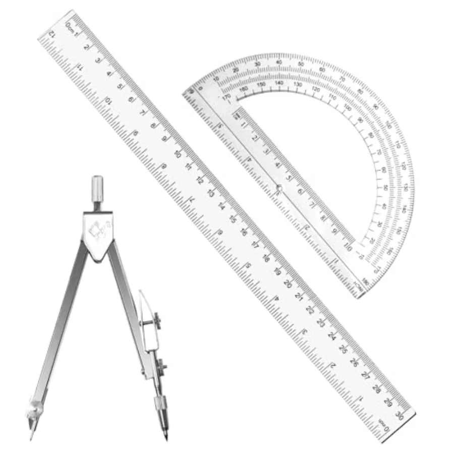 

3 Packs Plastic 12 Inch Ruler, 6 Inch Clear Protractor and Compasses Set Student Geometry Math Set for Classroom Set Angle Dete