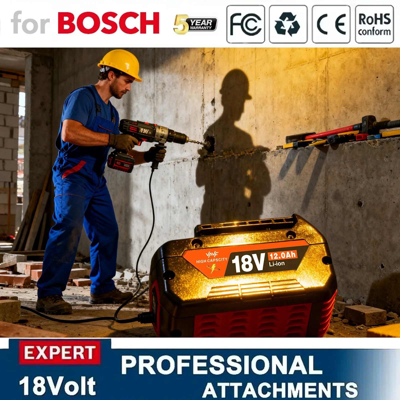 

NEW 18V 12Ah Rechargeable Li-Ion Battery for Bosch 18V Power Tool Backup 12000mAh Portable Replacement BAT609 Indicator Light