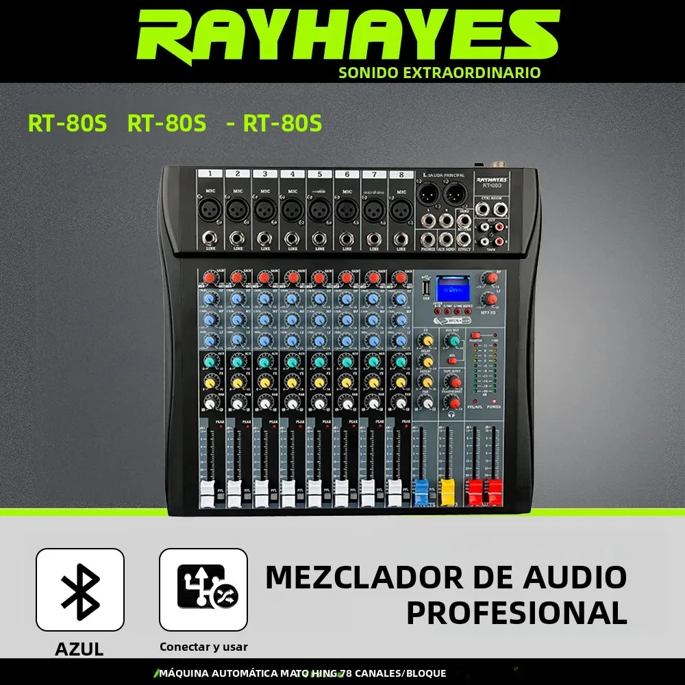 Mezclador de Audio Profesional RAYHAYES RT-80S de 8 Canales, Consola de Control para DJ, Unidad de Audio Compatible con Alimentación Phantom de 48V y Bluetooth