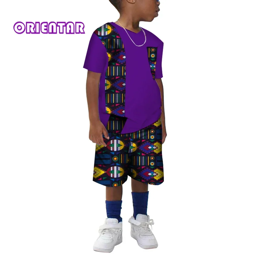 Vêtements africains en coton imprimé pour enfants, chemise à manches courtes Dashiki et pantalon court pour garçons, ensemble de 2 pièces, WYT214