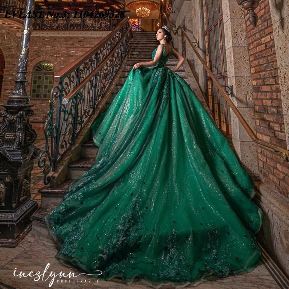 EVLAST Personalizzato Principessa Verde Scuro Abito Quinceanera Abito di Sfera Applique Floreale Che Borda Dolce 16 Vestido De 15 Anos E3Q291