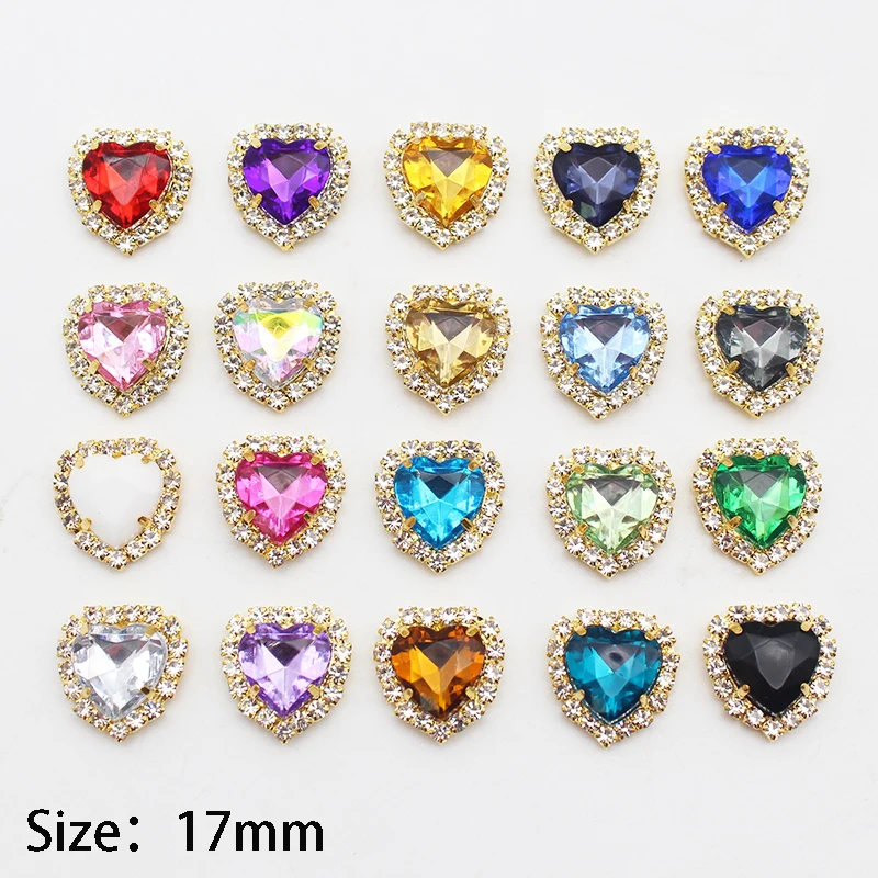 Gold Color 4-hole 10pcs 17mm Heart-shaped Acrylic Rhinestone Metal Wedding Hair Accessories Clothing Hand Sewing Decoration