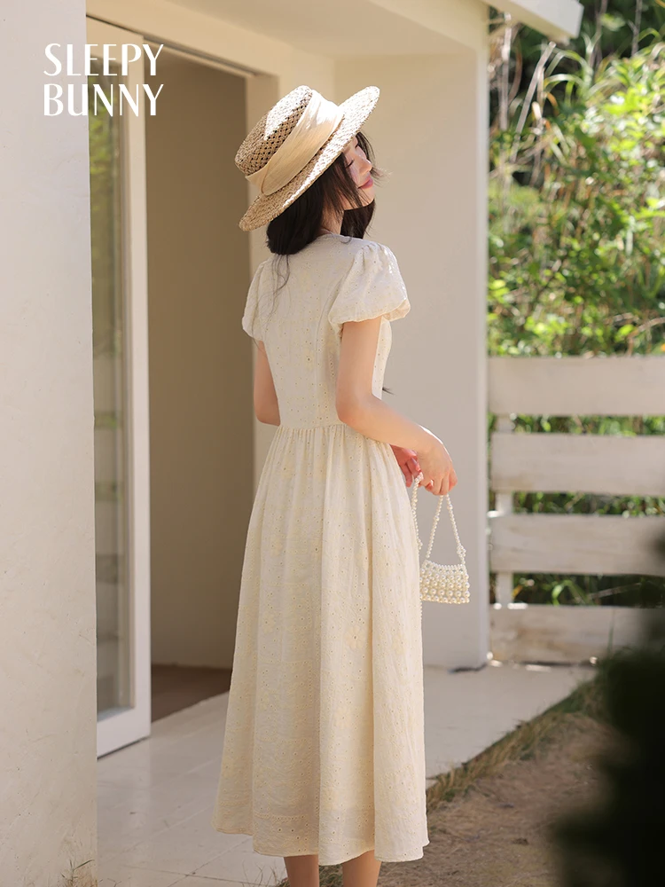 Women Summer Jacquard Puff Sleeve Tea Dress High Waist Slim Fit Elegant  Midi Dress Petite Friendly Vacation A-Line Sundress - AliExpress 200000345