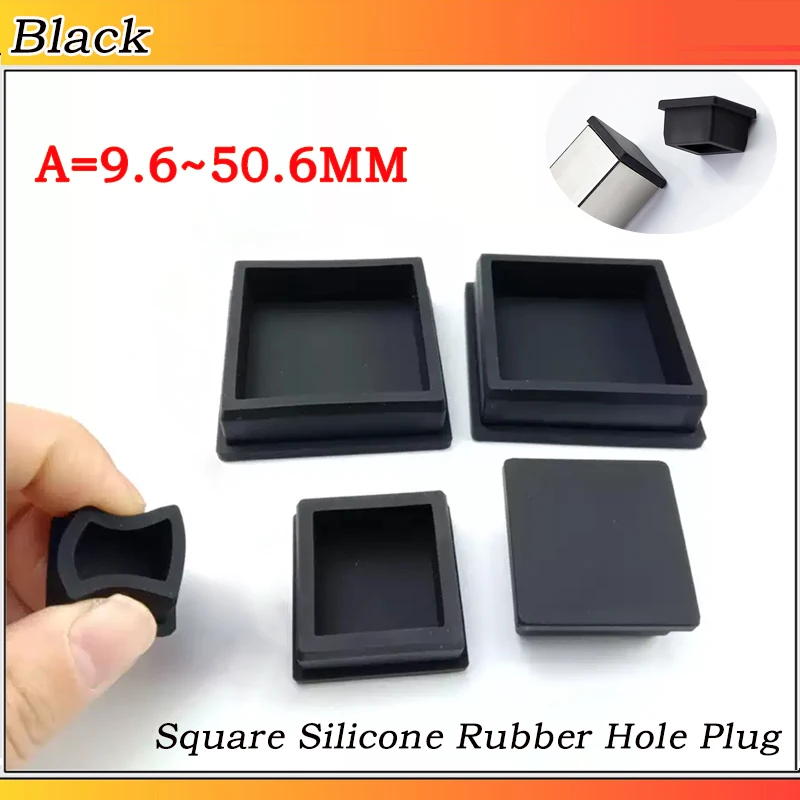 

1-10PC Black Square Silicone Rubber Cap Hole Plug Rubber T-Plug Tube Box Part Insert Sealing Plug Furniture Feet Pad 9 .6-50.6mm