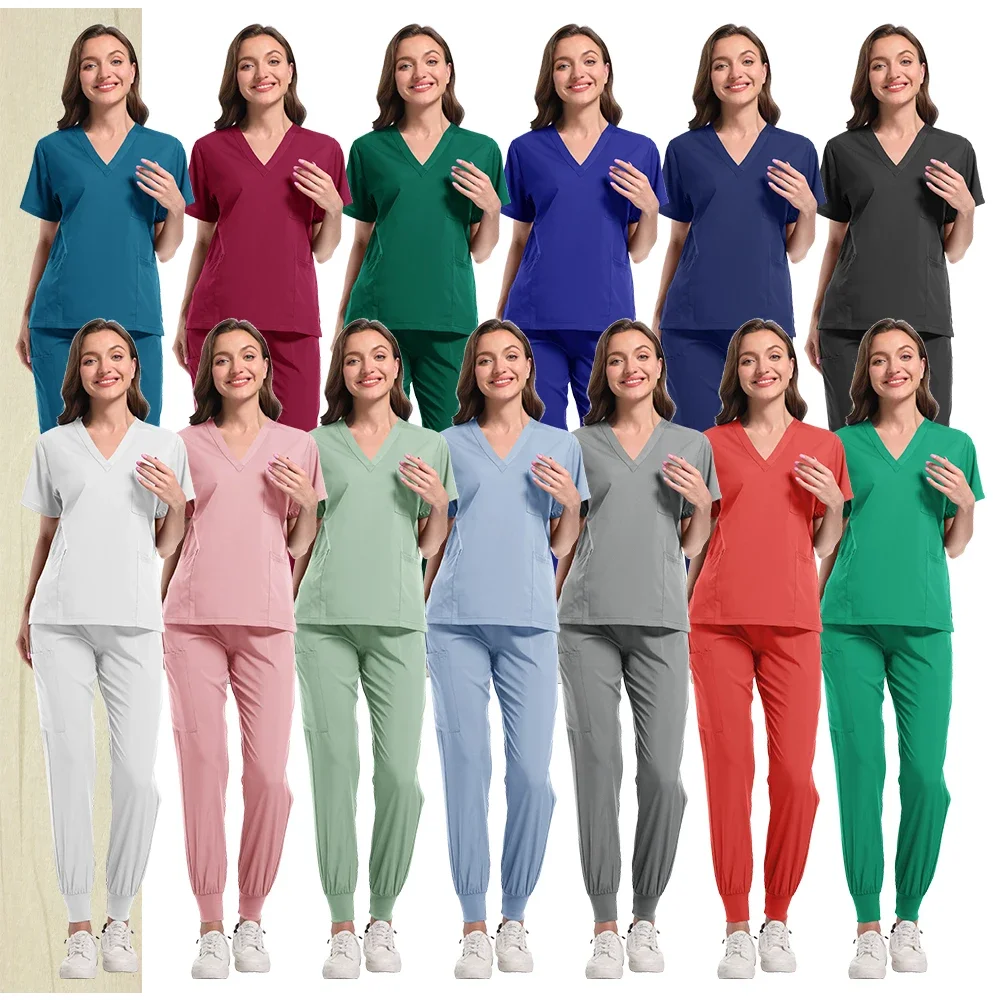 Nuovo Scrub Set Uniformi mediche Scrub elasticizzato Top con pantaloni tascabili Uniforme da infermiera Tuta da medico per chirurgia Abbigliamento da lavoro per salone di bellezza