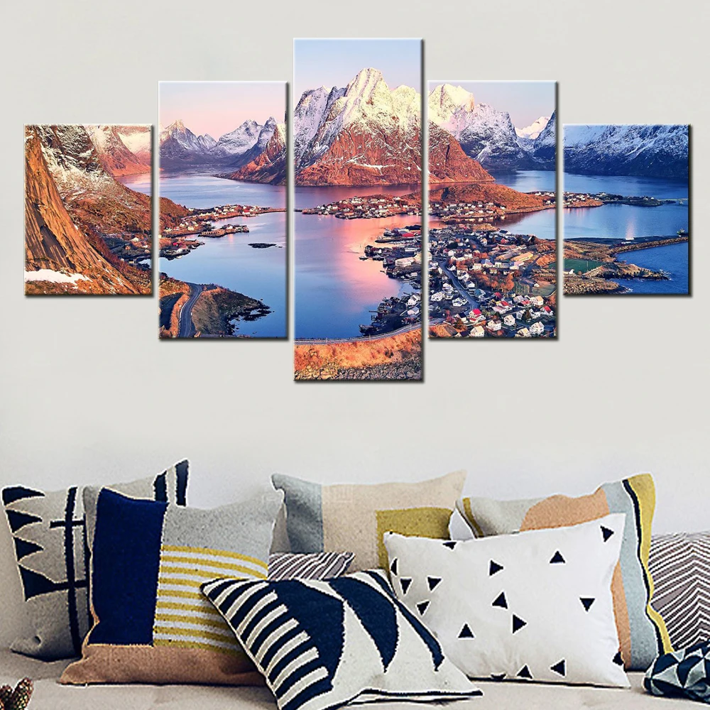 

5 Pieces Wall Arts Poster Painting CanvasNature Reine Nordland Wallpaper Modular Home Decor Picture Print Living Room Landscape