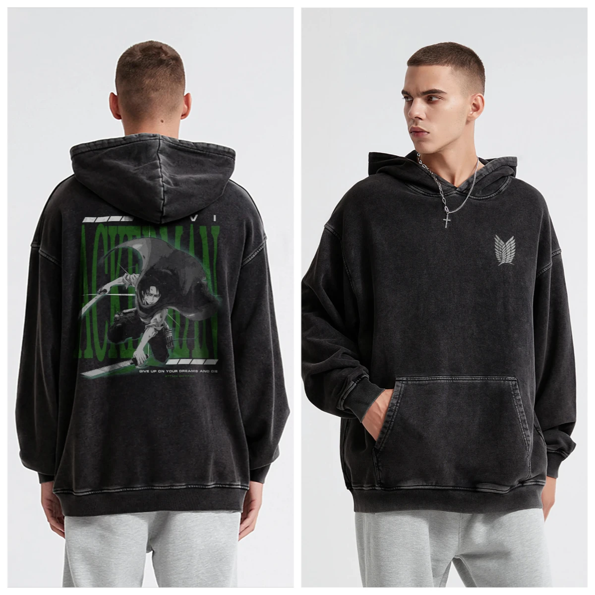 رجل خمر غسلها القطن هوديي أنيمي هجوم على تيتان ليفي شخصية الرسم مع النص الأخضر فضفاض Y2K الهيب هوب الشارع الشهير #1