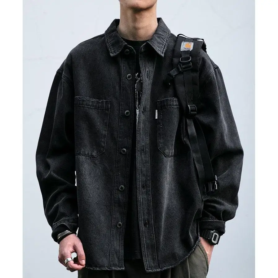 

Retro American Waed Heavy Du Men's Denim irt Autumn Winter Loose Workwear Top Trendy Cotton Polyester Blend Long Sve