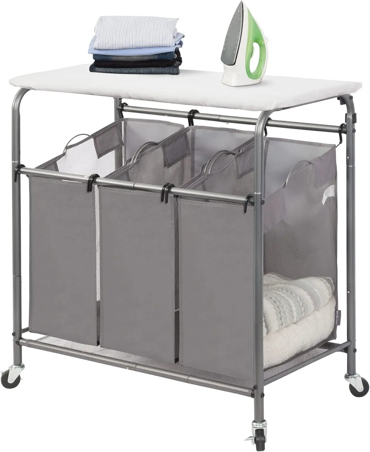 

3-Section Laundry Sorter with Foldable Ironing Board, Heavy-Duty Rolling Cart and Removable Bags, Dark Grey