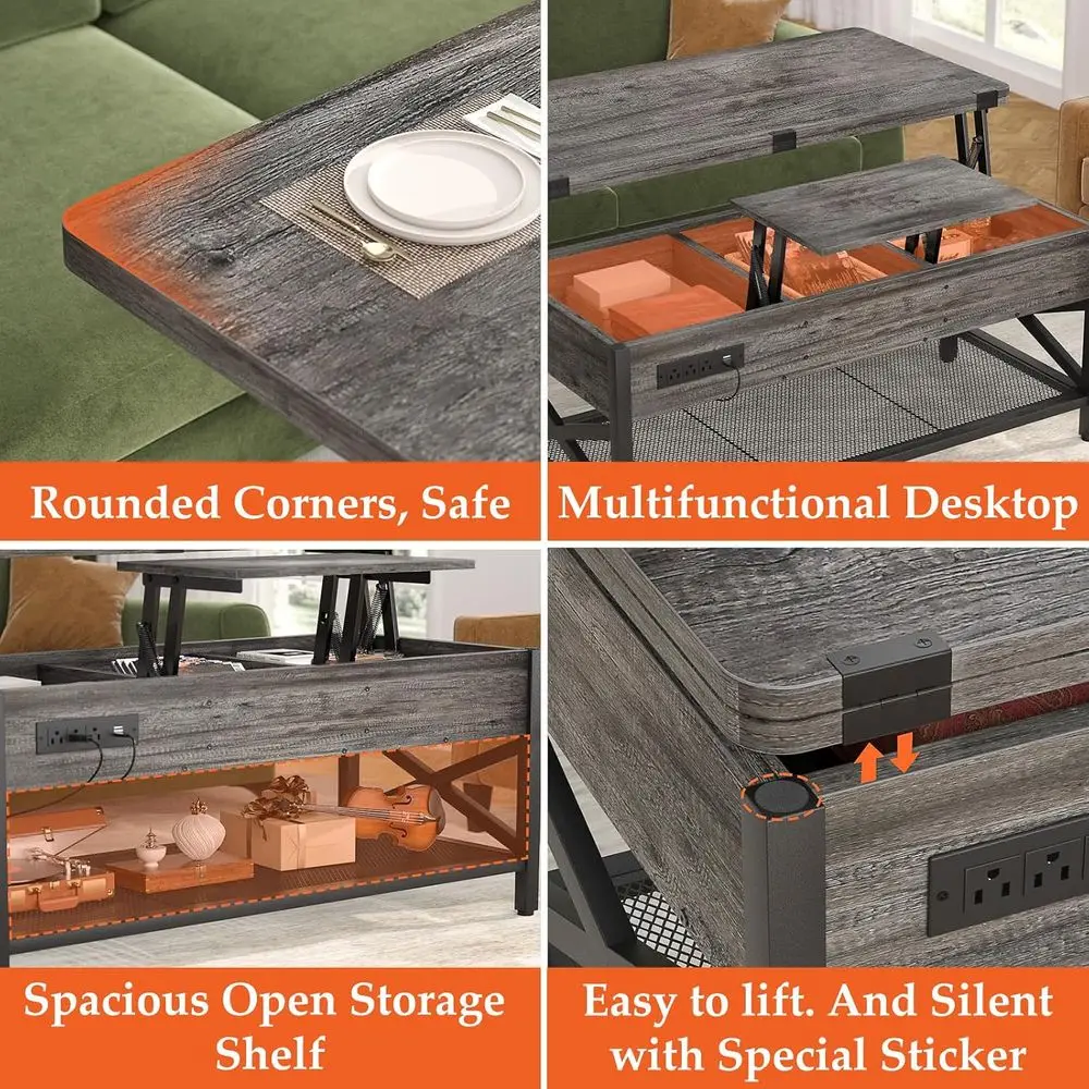 Coee Table Lit Top Multi-unction Coee Table Converts to Dining Table, with LED Light and Power Outlet, Center Table with Shelves - view 6