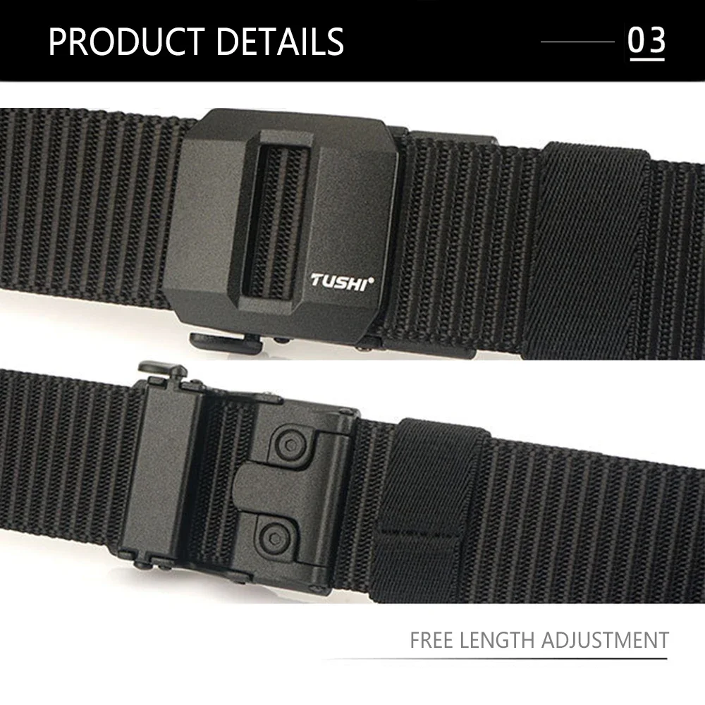 TUSHI Brand Classic High-End Elongated Thickened Men's Tactical Nylon Waist Belt Toothless Smooth Automatic Buckle Canvas Nylon