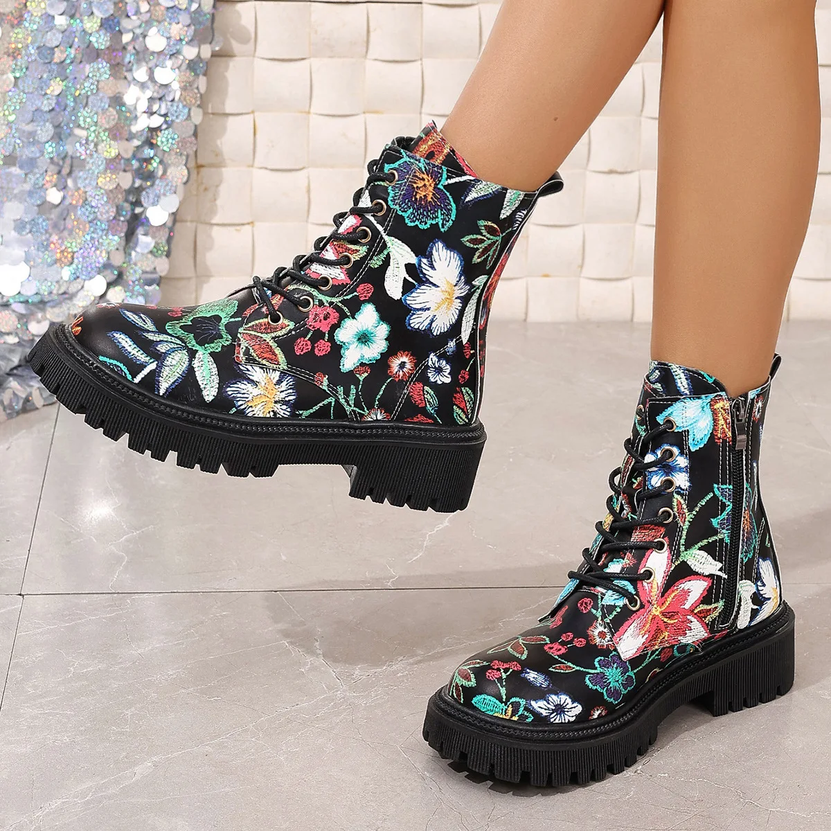 Comemore, botines de primavera y otoño para mujer, zapatos informales romanos con punta redonda, zapatos de mujer estampados, botines cortos con grafiti de tacón grueso