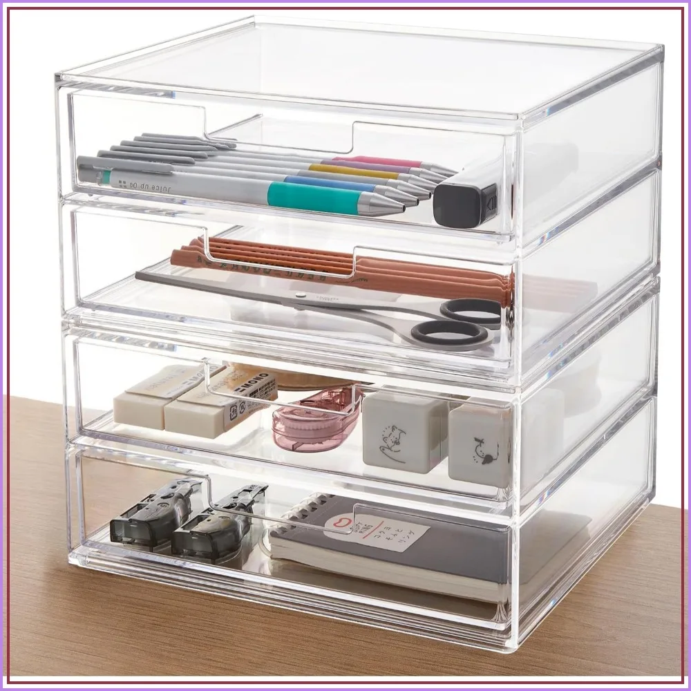 Stackable Desk Drawer Organizer, 4 Clear Wide Drawers for Pens, Makeup Brushes, Office Supplies