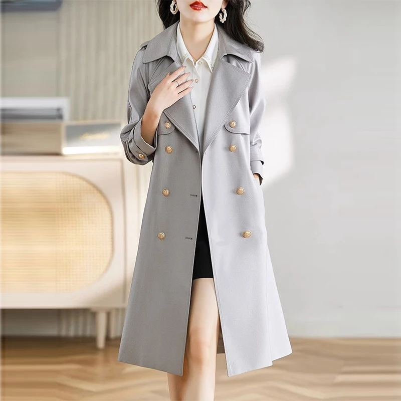 Belt Trench Coats Women Autumn Winter New Korean Classic Double Breasted University Style Loose Long Female Clothing Outwear