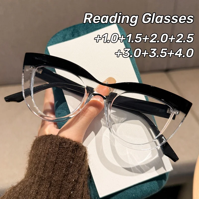 

2025 New Colour Blocking Cat Eye Presbyopia Glasses Fashionable Personality Large Frame Anti-blue Light Reading Glasses Woman