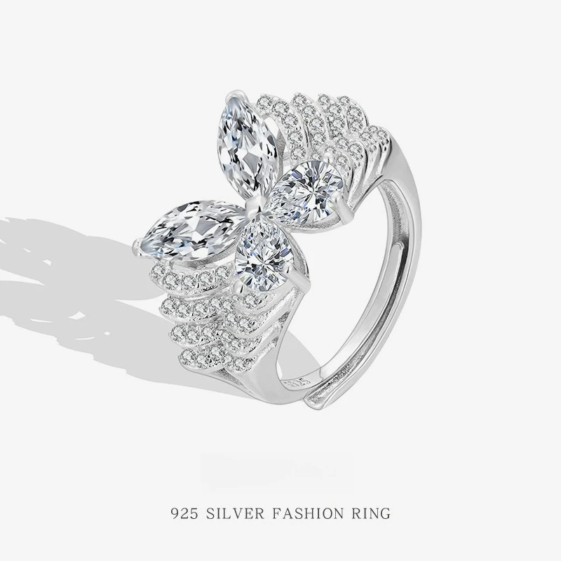

S925 Sterling Silver Butterfly Ring Luxury Adjustable Sparkling Proposal Gift for Her French Vintage Christmas Party Jewelry