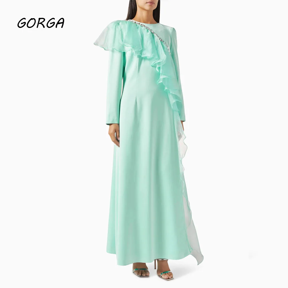 GORGA Simple Green O-Neck Beading A-LINE 2024 Slim Ruffles Crepe Long Sleeves Ocassion Gown Floor-Length Formal Evening Dress