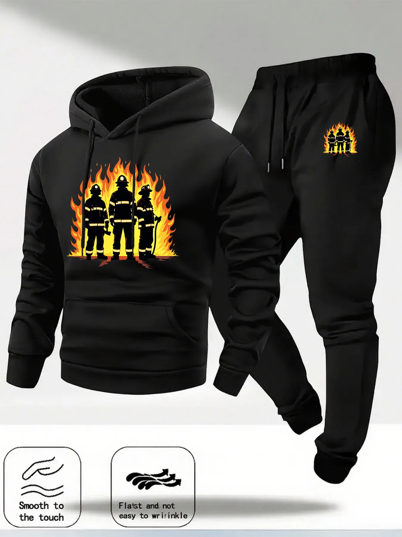 

2026 new Men's Firefighter Silhouette Print Fleece Hoodie & Sweatpants Set Winter Warm Casual Sports Tracksuit 2 Piece Outfit