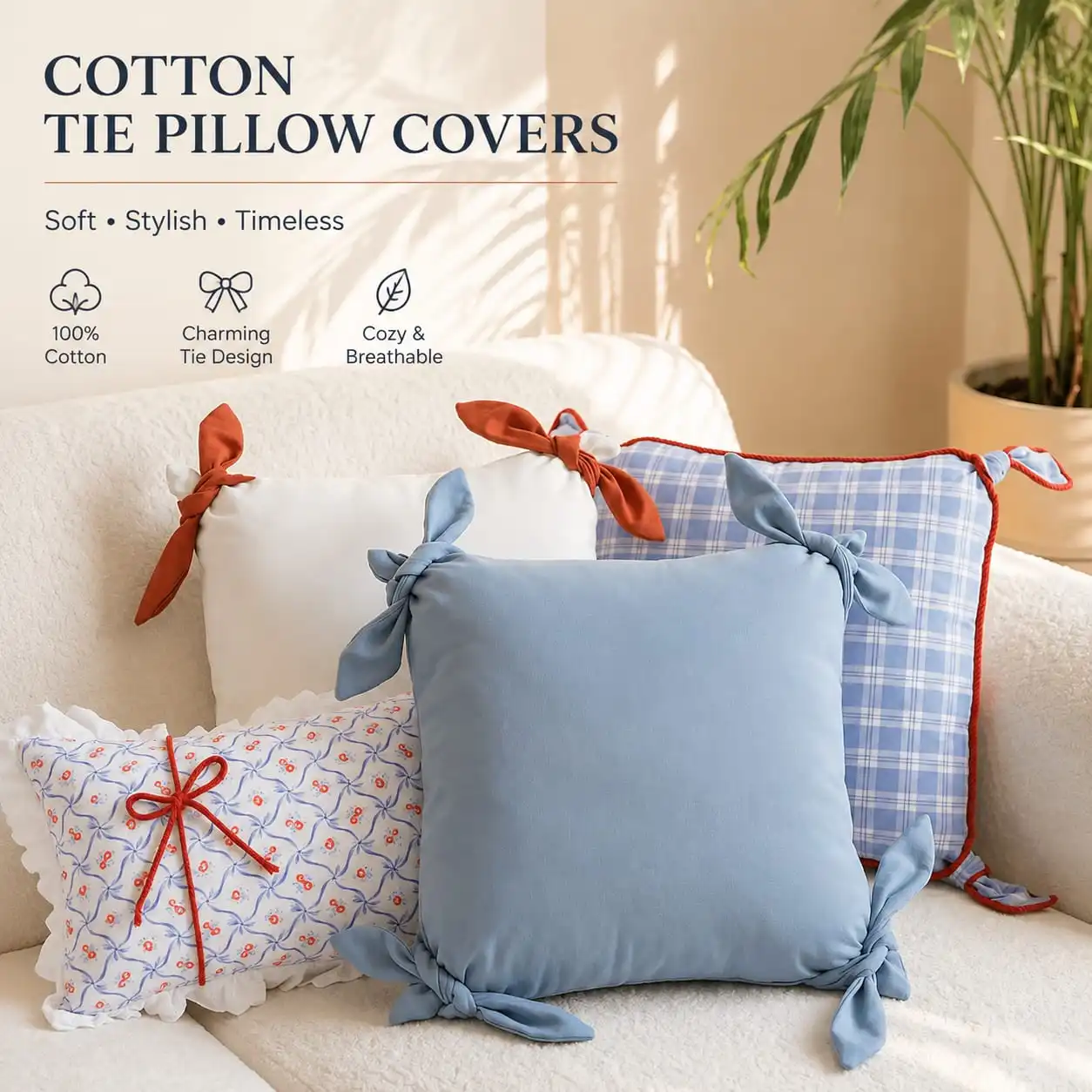 Plaid Floral Lumbar Support Pillow with Cotton Fill, Red Cord Trim, and Decorative Four-Corner Bows for Living Room
