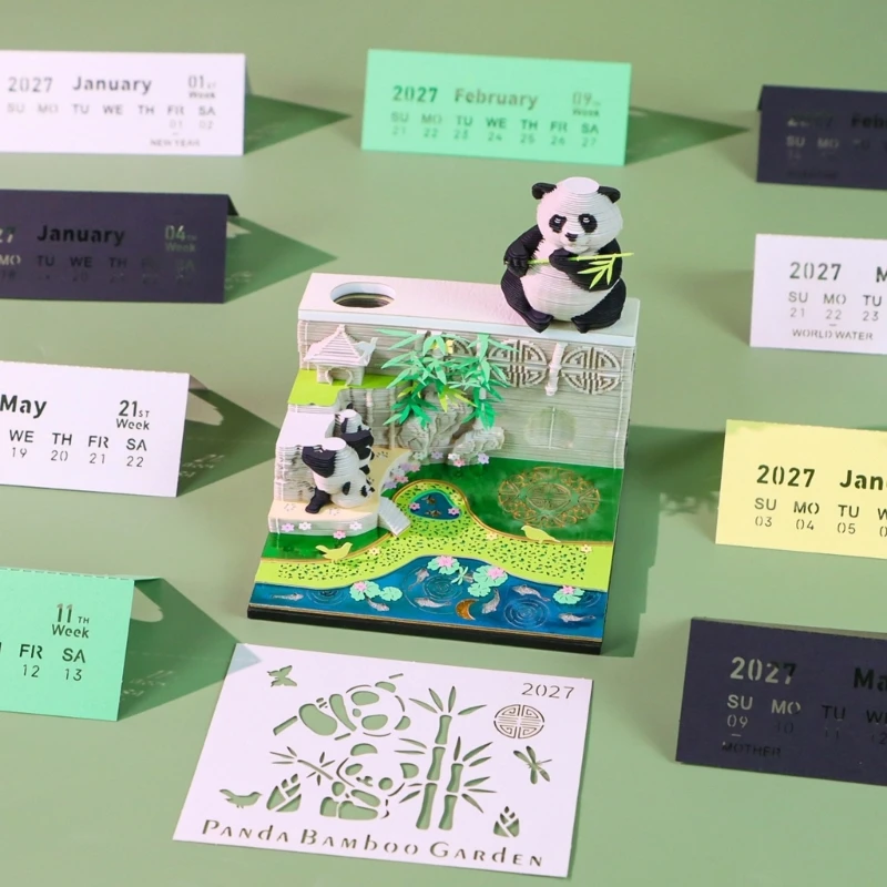 Panda Garden 2027 Tear-Off Desk Calendar with 175 Layered Pages, Full-Year Dates, Integrated Light, and a Finished Paper X3UB