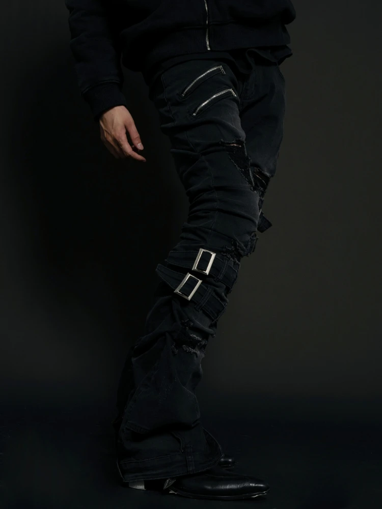 

Custom Size Wasteland Style Avant-Garde Techwear Deconstruction Dark Designer Distressed Washed Worn Jeans Trousers Pants Men