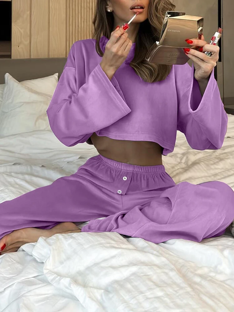 Hiloc Knitted Pajamas For Women 2 Piece Sets O Neck Long Sleeve Crop Top Casual Female Trouser Suits Purple Sleepwear Autumn