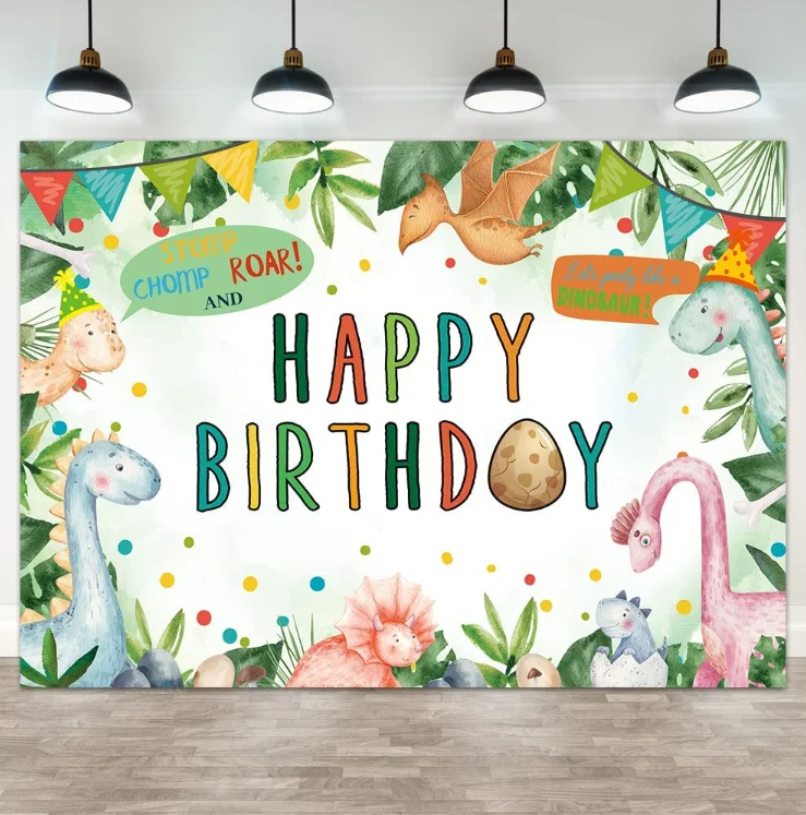 Dinosaur Birthday Backdrop for Kids Boys Watercolor Cartoon Dinosaur Party Banner Decor Supplies Stomp Chomp Roar Background