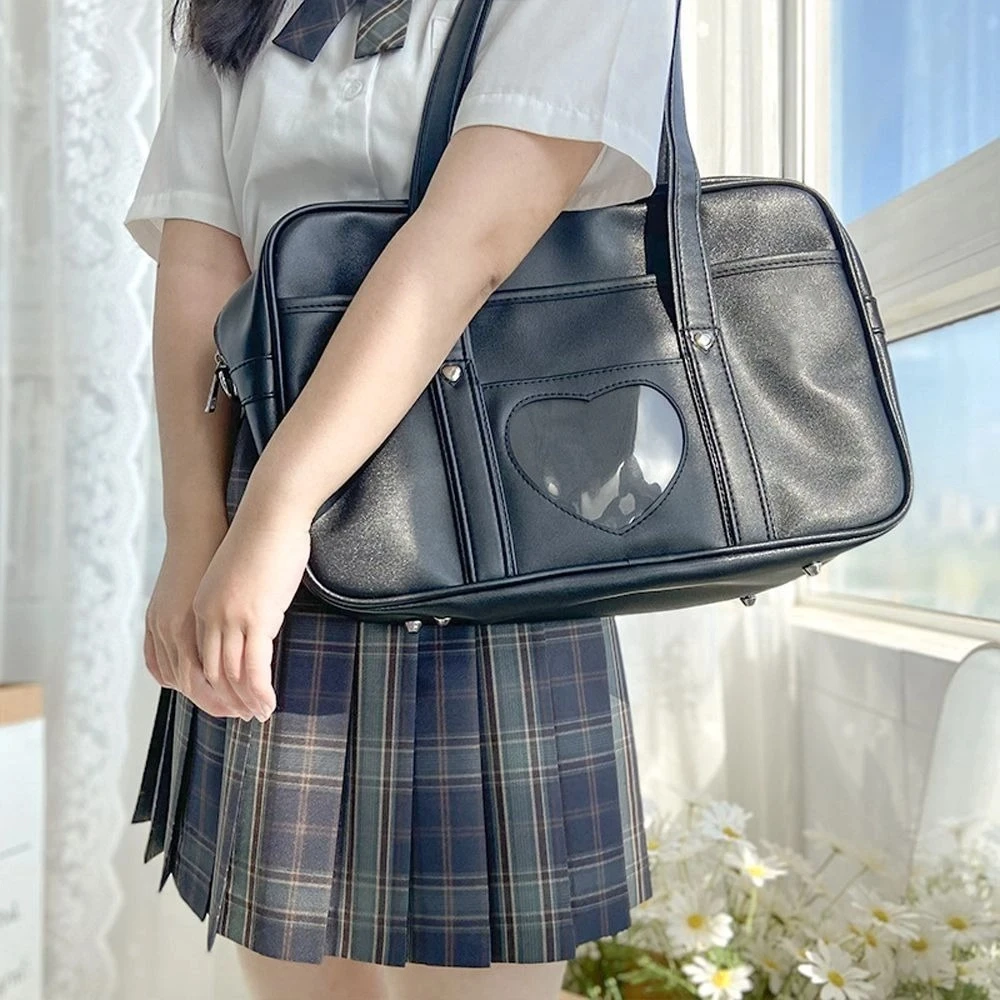 Vintage Large Capacity JK Uniform Shoulder Bag PU Leather Love Heart JK Tote Bag Handbag Black White Underarm Bag Holiday
