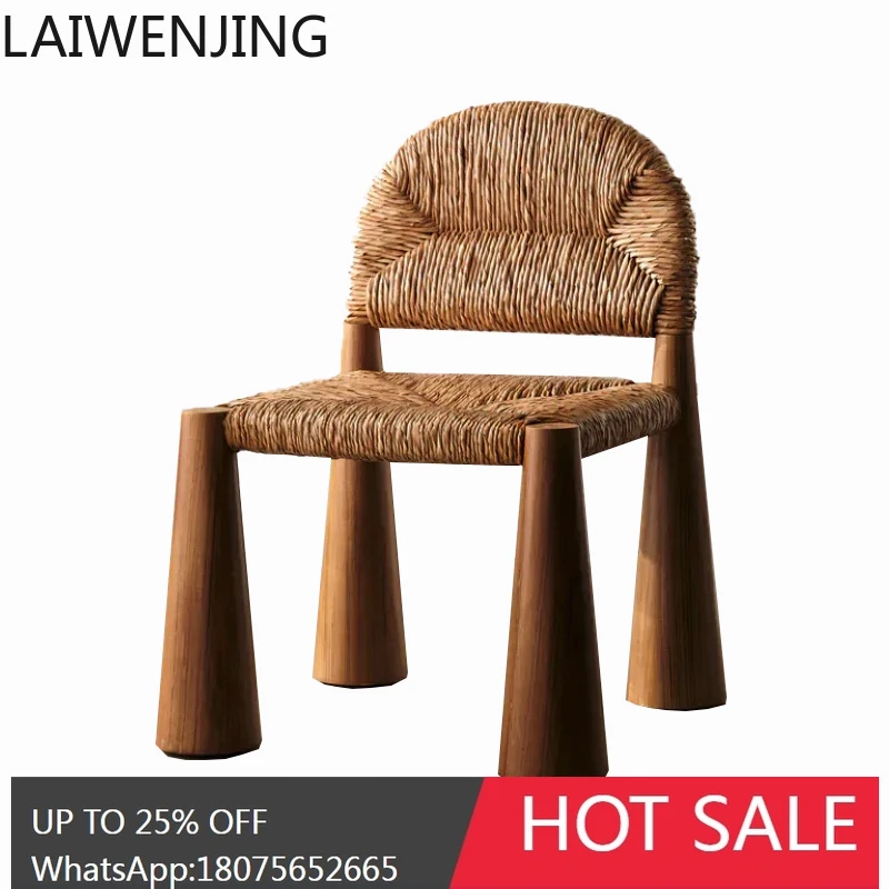 كرسي منسوج بحبل عتيق كرسي فردي للترفيه من الخشب الصلب مع مسند ظهر #5