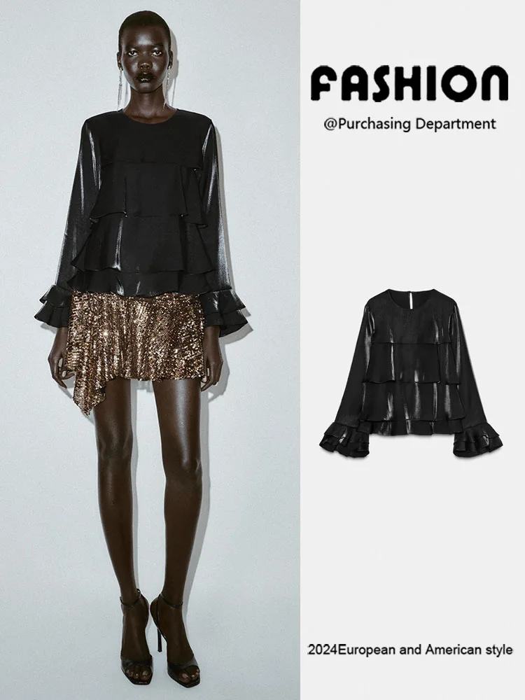 

New 2025 Winter Women's Long Sve iny Fabric Layered Decoration irt Simple Match All Seasons Ladies Faion Outerwear