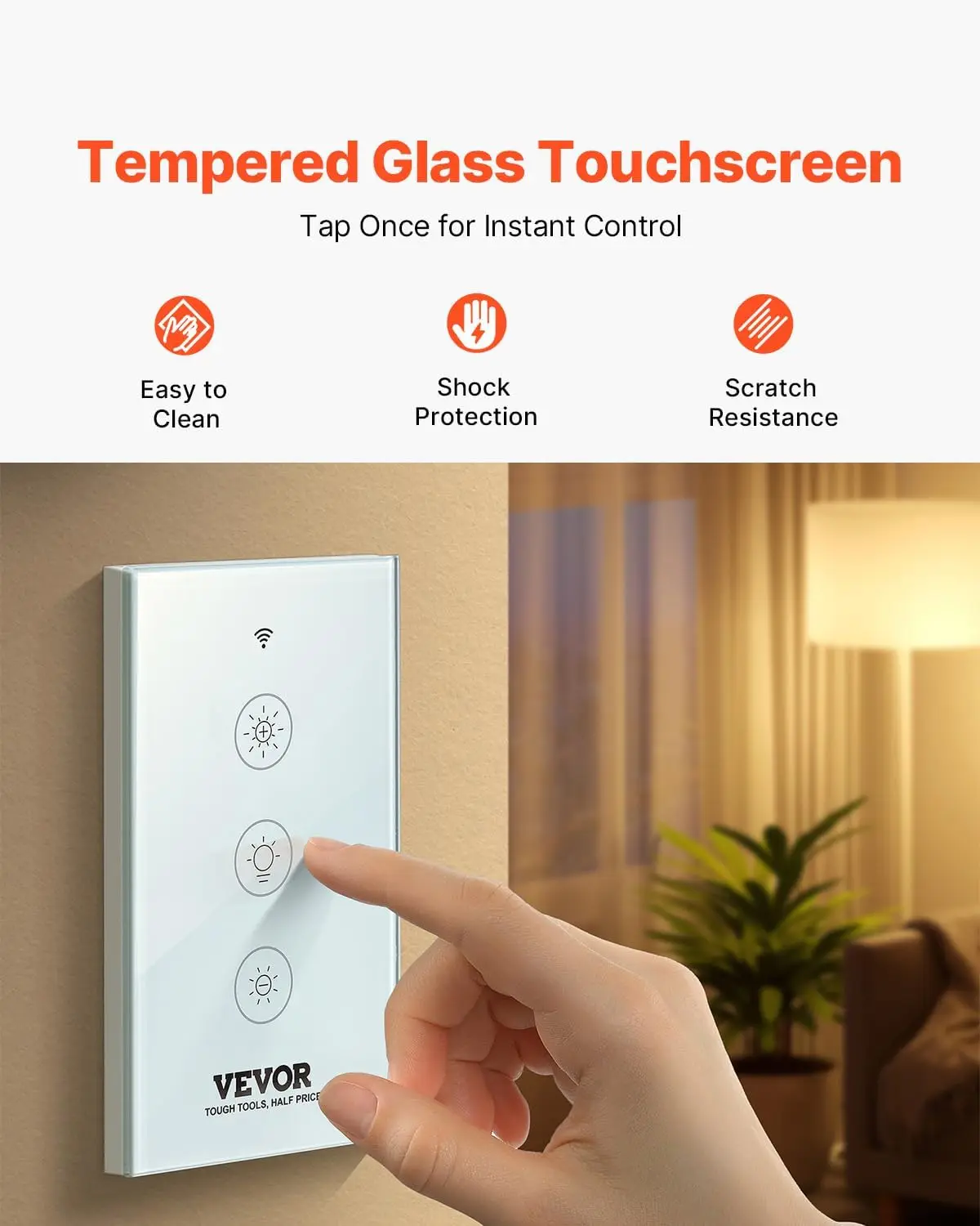 Smart Dimmer Switch, Wi-Fi 2.4GHz, Dimmable Smart Switch with Tempered Glass Touch Panel, 15% to 85% Stepless Dimming