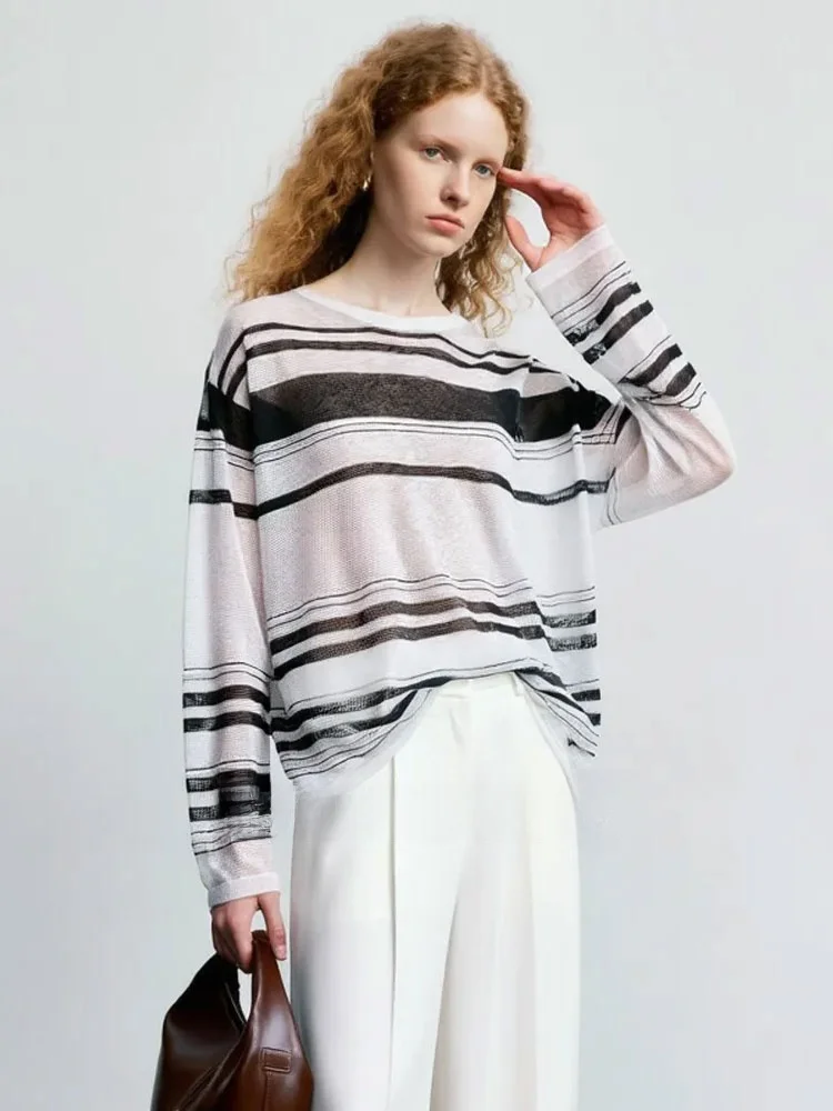 

ZhuoZhi Lazy Striped Thin round Ne T-irt Women's Base Layer Top Loose Fit Long Sve French Sle Creative Pattern