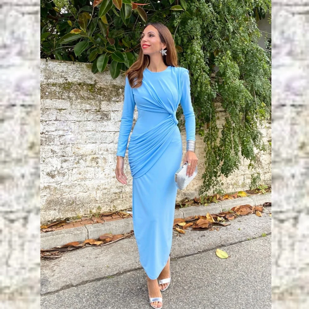 Jersey Draped Pleat Homecoming A-line O-Neck Bespoke Occasion Gown Midi Dresses