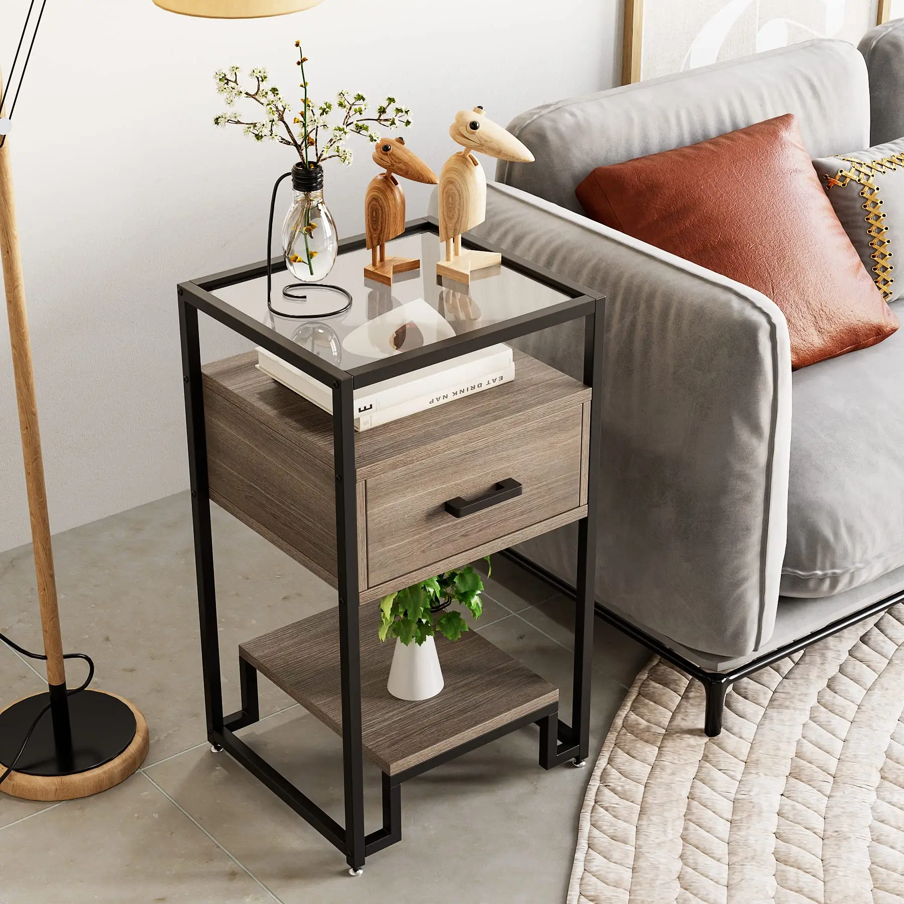 

Senfot Nightstand,End Table with Storage Drawer and 3-Tier Storage Tempered Glass Top,Bedside Furniture with Steel Frame