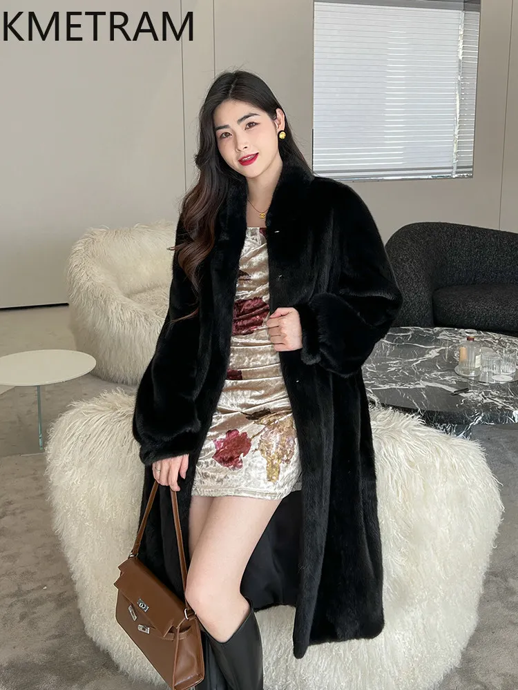 KMETRAM Velvet-grade 100% Natural Mink Fur Jackets Woman Stand Collar Long Real Mink Fur Coat Winter Jacket Women Clothing 2026