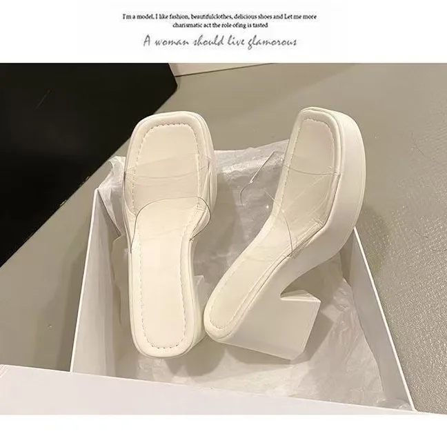 

Шлепанцы с квадратным носком Bloom Steps, тапочки на высоком каблуке, женская летняя одежда, новинка 2025 года, прозрачные крутые тапочки на толстой подошве и толстом каблуке